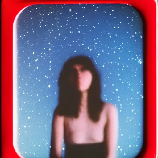 Prompt: blured girl on the red light, focused background night sky with stars, polaroid photo