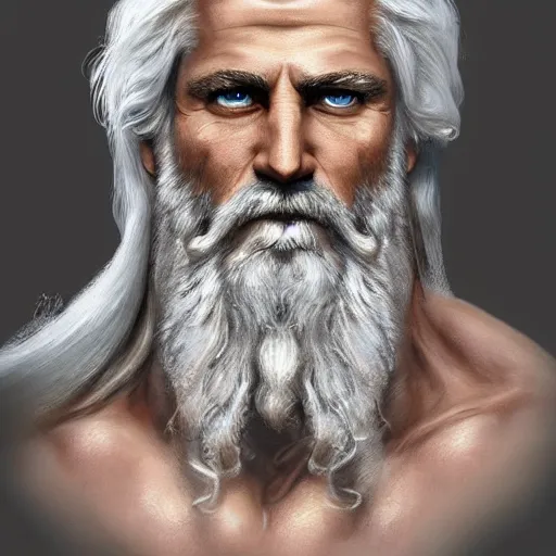 Prompt: painted portrait of rugged zeus, greek god, 4 0 years old, handsome, white hair, soft hair, upper body, muscular, hairy torso, fantasy, intricate, elegant, highly detailed, digital painting, artstation, concept art, smooth, sharp focus, illustration, art by artgerm