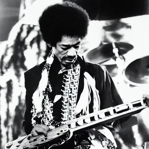 Image similar to Jimi Hendrix playing a hotdog-guitar on stage at the Budokan