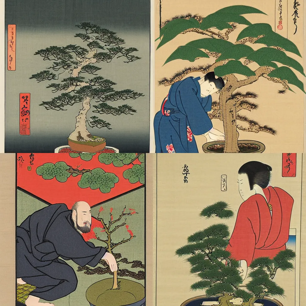 Prompt: Ukiyo-e of a man tending to his bonsai tree