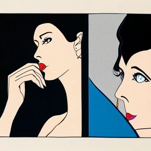 Prompt: confused fashion model, 1 9 8 4. painting by patrick nagel.