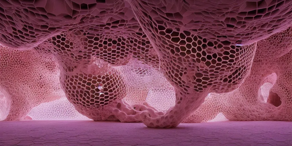 Image similar to biomorphic honeycomb structures by ernesto neto, light - mint with light - pink color, 4 k, insanely quality, highly detailed, film still from the movie directed by denis villeneuve with art direction by zdzisław beksinski, telephoto lens, shallow depth of field