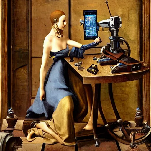 Image similar to Renaissance painting with steampunk elements of a female robot using a computer