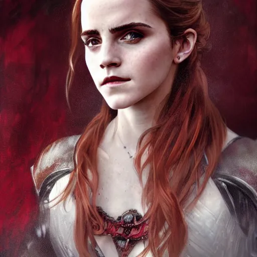 Image similar to a beautiful portrait of emma watson as a red haired vampire sorceresses, leather armor, d & d, fantasy, intricate, elegant, highly detailed, digital painting, artstation, concept art, matte, sharp focus, illustration, art by greg rutkowski and alphonse mucha