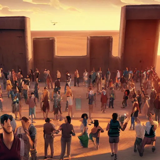 Prompt: large millennial crowd in front of a | modern! prison! locked down government security military gate | in the hot desert trending on artstation digital paint 4 k render