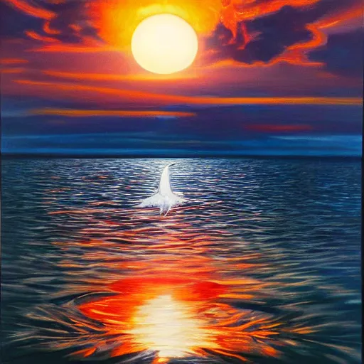 Image similar to oil painting, photorealistic, symmetrical, sunset, reflection on water, ufo floating above water, dolphins in water, horror, ominous