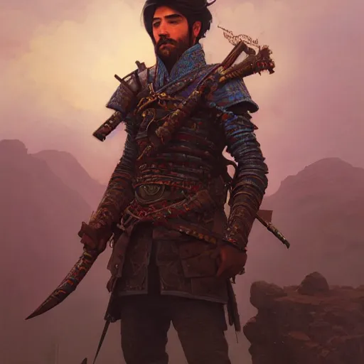 Image similar to Highly detailed portrait of Kurdish samurai, Stephen Bliss, unreal engine, fantasy art by Greg Rutkowski, Loish, Rhads, ferdinand knab, Makoto Shinkai and Lois van baarle, ilya kuvshinov, rossdraws, Tom Bagshaw, alphonse mucha, global illumination, radiant light, detailed and intricate environment, highly detailed, award winning art