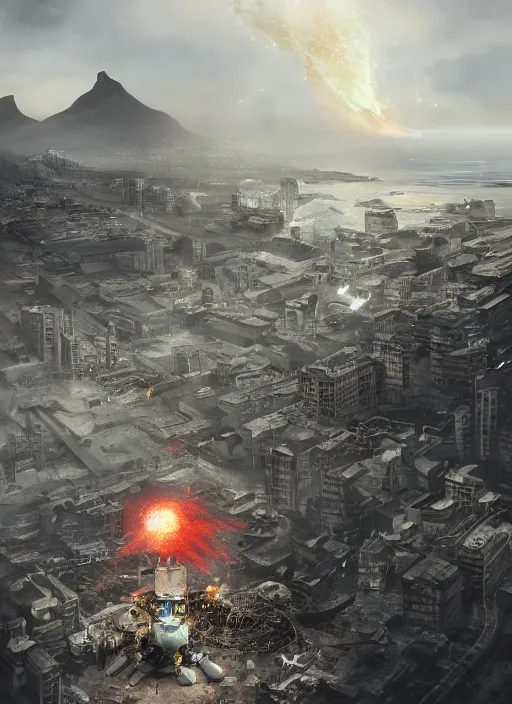 Image similar to hyper realistic squid shaped robot attacking cape town city, table mountain explosions, atmospheric beautiful details, strong composition drawn in ink by kim jung giu weta studio rutkowski, james gurney and greg rutkowski, and lucasfilm