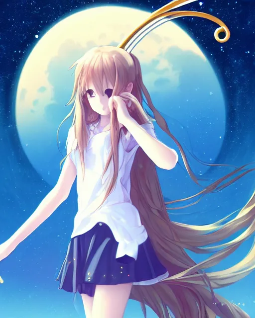 Image similar to teen, cute, melancholy, full body, cat girl, white skin, golden long wavy hair, holding a violin and playing a song, stunning art style, filters applied, lunar time, night sky, trending art, sharp focus, centered, landscape shot, fate zero, simple background, studio ghibly makoto shinkai yuji yamaguchi, by wlop