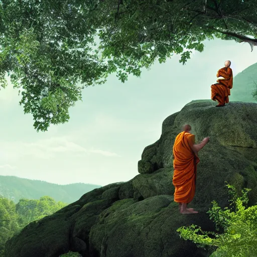 Image similar to a close up of a monk floating above a large rock in the mountains with trees in the background. highly detailed beautiful digital wallpaper art, 4 k, cinematic composition