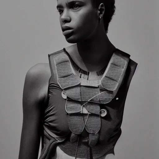 Image similar to realistic photoshooting for a new balenciaga lookbook, color film photography, portrait of a beautiful woman, model is wearing techtical vest, photo in style of tyler mitchell, 3 5 mm,