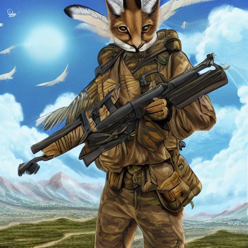 Image similar to very very beautiful avian furry art, male cute caracal wearing desert camo combat uniform, outstretched wings, commission on furaffinity, highly detailed digital art