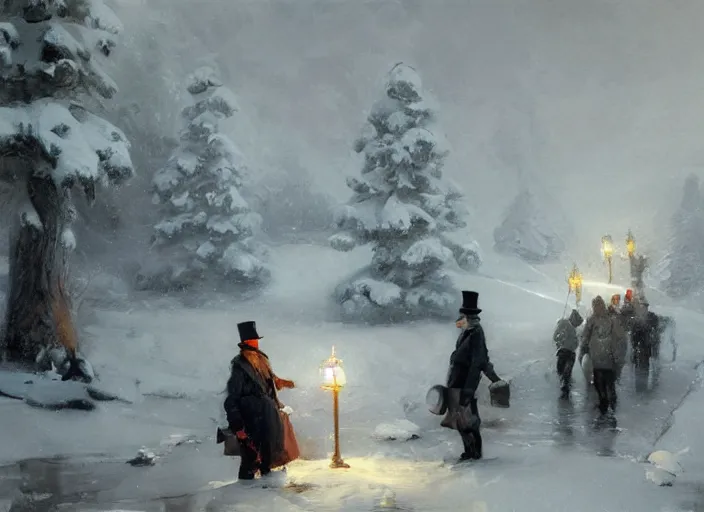 Image similar to oil painting, snow blizzard, nordic gnome with gray clothes, pointy top hat, high detailed art by anders zorn, wonderful masterpiece by greg rutkowski, beautiful cinematic light, american romanticism by greg manchess, creation by tyler edlin