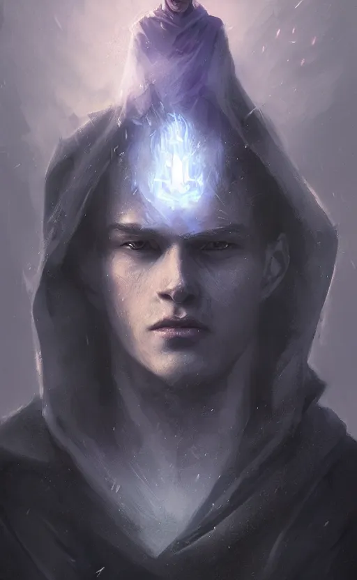 Prompt: portrait of a young man with glowing purple eyes, dressed in a black cloak, silver hair, detailed face, fantasy, highly detailed, cinematic lighting, digital art painting by greg rutkowski