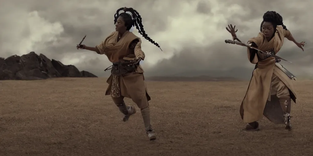 Image similar to a film still of a black woman starring in a japanese blockbuster film as ancient samurai, levitating mid air, intense, shallow depth of field, cinematic, award winning cgi, vfx, film still