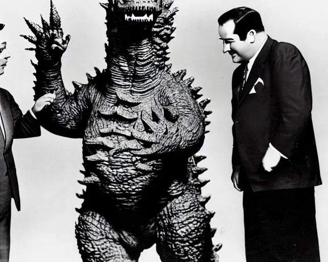 Image similar to a photograph of Abbott and Costello meeting Godzilla