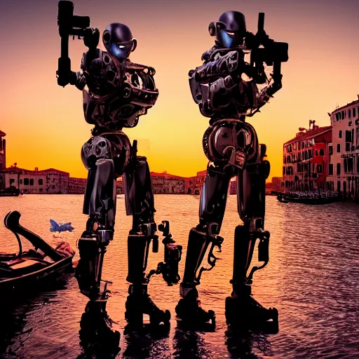 Image similar to two evil humanoid robott with a gun, in venice, cyberpunk style, wide shot, long shot, sunset golden hour