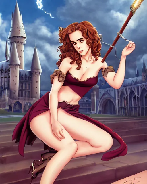 Image similar to pinup photo of hermione granger by emma watson in the crowded square of hogwarts, asuna by a - 1 pictures, by by andrei riabovitchev, james jean, gil elvgren, enoch bolles, glossy skin, pearlescent, anime, very coherent, sao style anime, flat