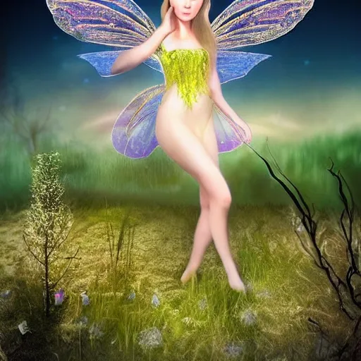 Prompt: A realistic looking fairy in the field she’s wearing glowing jewelry she looks mystified you can see the moon in the background, very artistic, highly detailed