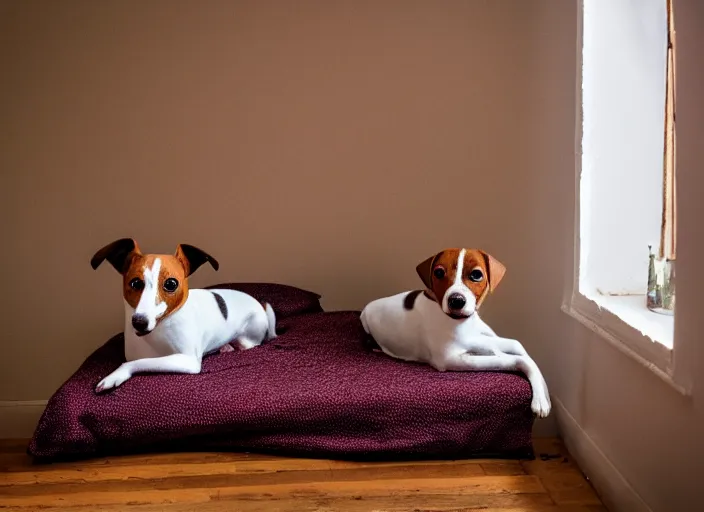 Image similar to photography of a Jack Russel . watching outside the window. on a bed. in a vintage room.,volumetric light, photorealistic,, award winning photo, 100mm, sharp, high res