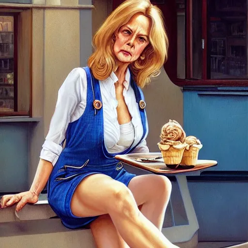 Image similar to a blonde fuller figured middle aged barbara bach from the bond film wearing blue dungarees and eating ice creams in porto, real life skin, intricate, elegant, highly detailed, artstation, concept art, smooth, sharp focus, art by artgerm and greg rutkowski and alphonse mucha