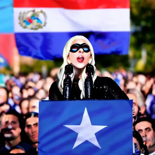 Image similar to Lady Gaga as president, Argentina presidential rally, Argentine flags behind, bokeh, giving a speech, detailed face, Argentina