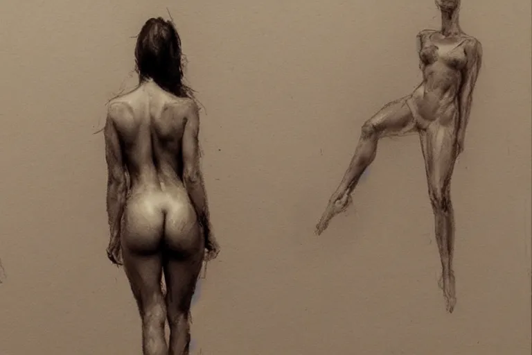 Image similar to sketch on paper of a model posing, anatomy study by jeremy mann and greg rutkowski