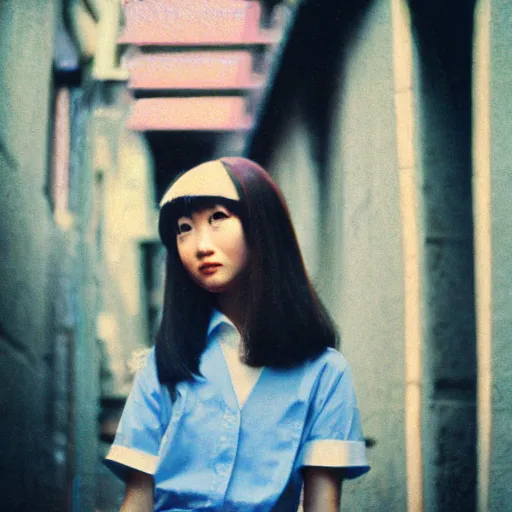 Image similar to 1970s perfect 8K HD professional photo of close-up japanese schoolgirl posing in sci-fi dystopian alleyway, at instagram, Behance, Adobe Lightroom, with instagram filters, depth of field, taken with polaroid kodak portra