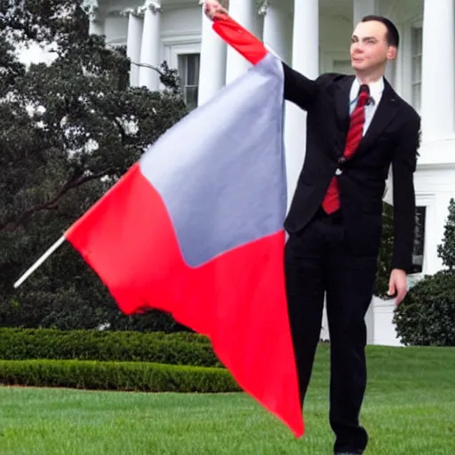 Prompt: sheldon cooper waving a Soviet flag at the white House