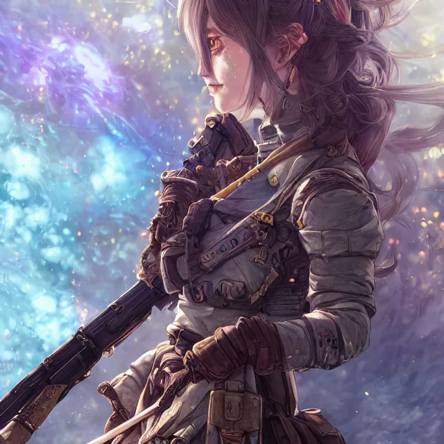 Image similar to the portrait of lawful neutral semi - colorful female infantry gunner as absurdly beautiful, gorgeous, elegant, young anime woman, an ultrafine hyperdetailed illustration by kim jung gi, irakli nadar, intricate linework, bright colors, octopath traveler, final fantasy, unreal engine 5 highly rendered, global illumination, radiant light, detailed and intricate environment