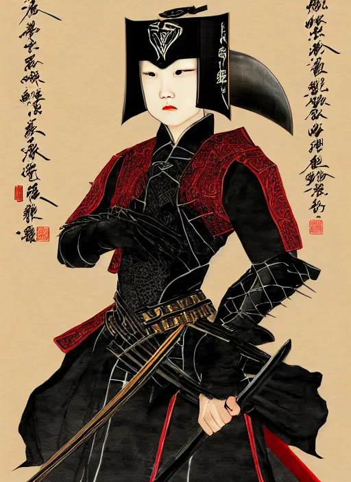 Prompt: full portrait of female vampire jinyiwei wearing black heavy armor and pointed helmet, stern, agile, elegant, imposing, jinyiwei, embroidered uniform guard, secret agent, detective, chinese armor, historical armor, pointed helmet, katana, nodachi, japanese sword, ming dynasty, detailed, realistic, anatomically accurate.