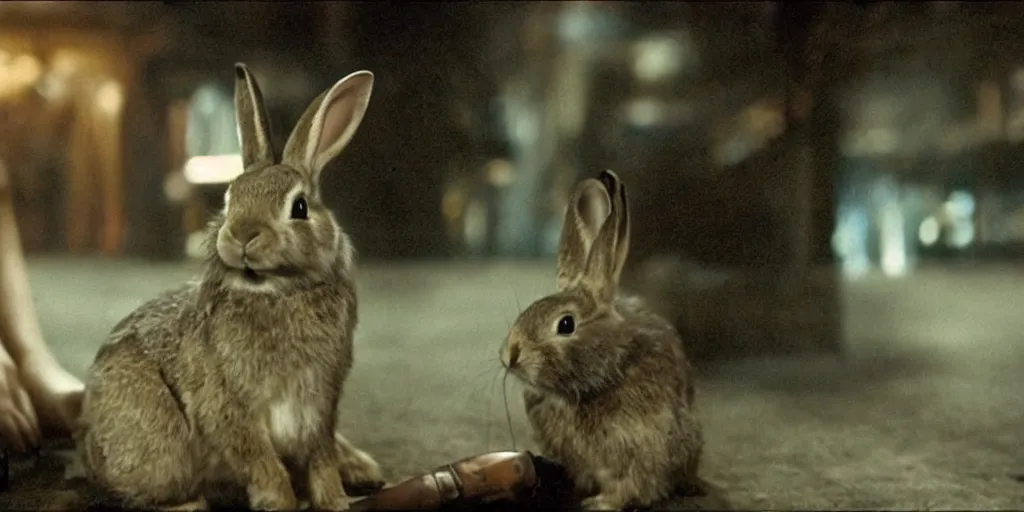 Prompt: a rabbit in the movie bladerunner, screenshot