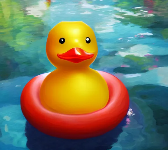 Prompt: gemstone in the shape of a rubber duck floating in a pool of perfume, mystical, enigmatic, digital oil painting, trending on artstation