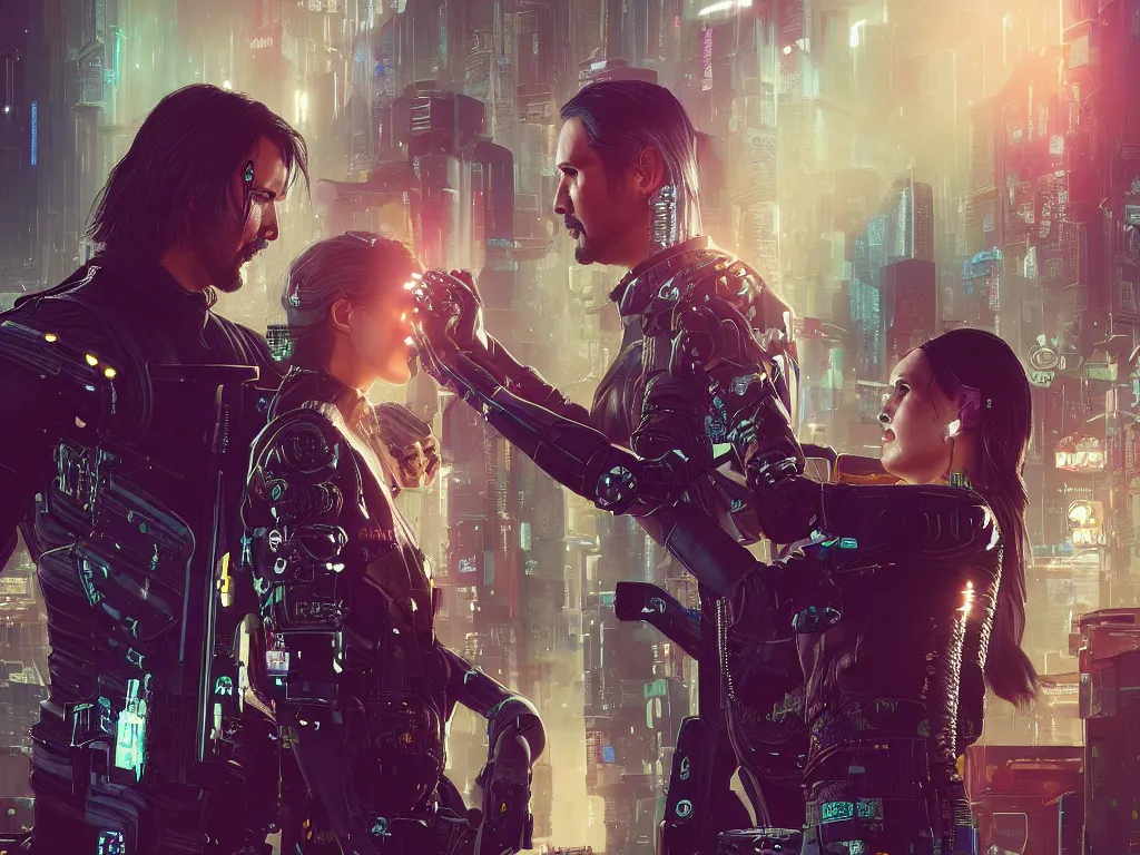 Prompt: a cyberpunk 2077 srcreenshot wedding couple portrait of a Keanu Reeves and a female android final kiss,love,film lighting,by Laurie Greasley,Lawrence Alma-Tadema,Dan Mumford,John Wick,Speed,Replicas,artstation,deviantart,FAN ART,full of color,Digital painting,face enhance,highly detailed,8K,octane,golden ratio,cinematic lighting