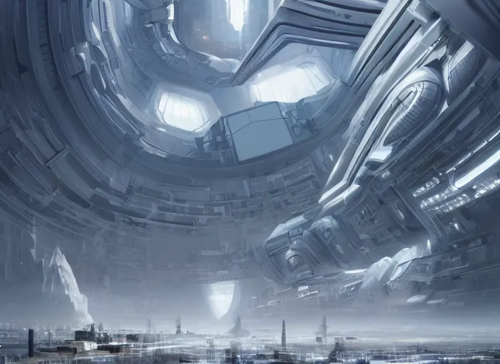 Image similar to cult of technology, exterior, scifi, machines, robots, ultra realistic, transparent labs, metallic surface, highly detailed, white, futuristic landscape, city, utopian architecture, atmosphere, masterpiece, portals, epic lighting, glow, mysterious, 4 k, cinematic, art by patryk olkiewicz and chris ostrowski and liang yao