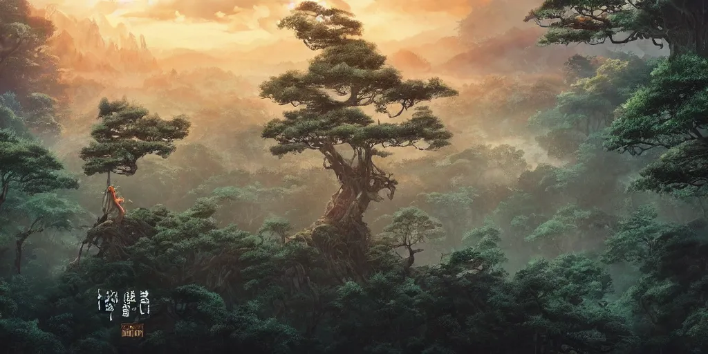 Image similar to giant monster in the distance, forest, standing on a tree top, 4 k, artgerm, high detail, dramatic lighting, sunset, hayao miyazaki, masashi ando, nizou yamamoto, kazuo oga, joe hisaishi, yoji takeshige, naoya tanaka