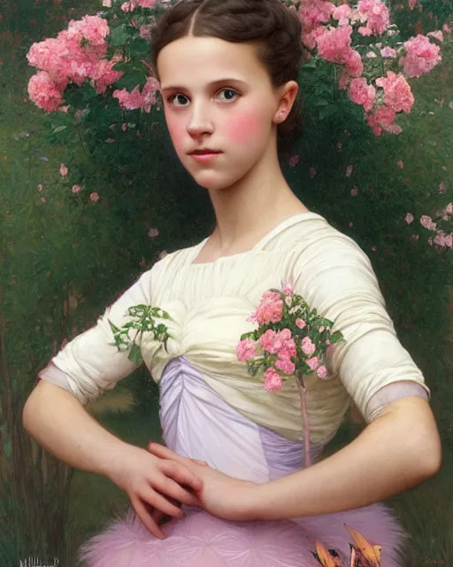 Prompt: a portrait painting of a shy, blushing 1 6 - year old alicia vikander or millie bobby brown as a ballerina in her flower garden with lanterns, intricate, elegant, highly detailed, artstation, concept art, by krenz cushart and donato giancola and william adolph bouguereau and alphonse mucha