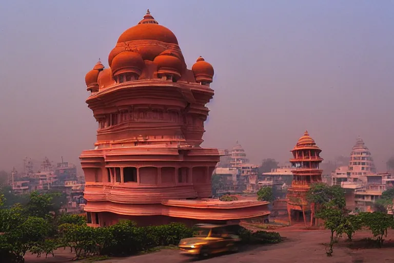 Image similar to beautiful dreamscape! biomorphic new delhi, hanuman!! head building, kalighat, octane sharp cinematic, stephen shore & john j. park, soft morning light, wide shot, high angle, uhd 8 k, shallow depth of field