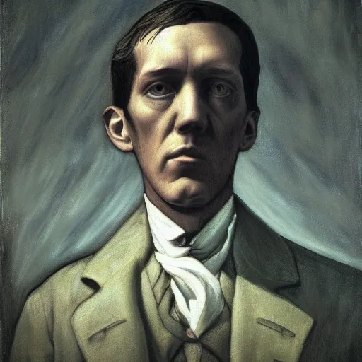 Image similar to H.P. Lovecraft, painting by Caspar David Friedrich, oil, high detail, trending on artstation