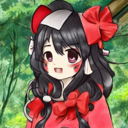 Image similar to a drawing of reimu in the jungle wearing bonnet