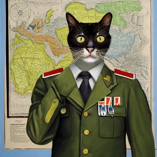 Image similar to painting of a cat in military uniform pointing at a map in a briefing