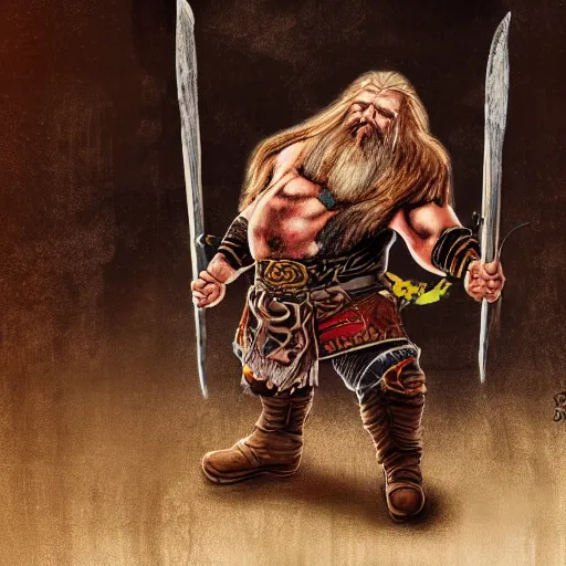 Image similar to a fantasy comic book style portrait painting of a dwarf berserker swinging axes, octane render, hyperreal