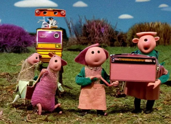 Image similar to a scene from a 1 9 7 0 s british kids tv programme by the bbc and oliver postgate, stop motion animation, the clangers, postman pat, vhs distortion, folk horror