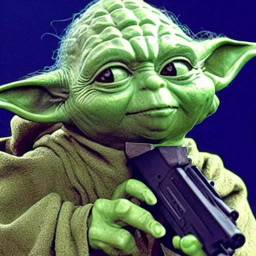 Prompt: yoda holding an AK