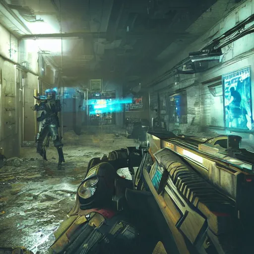 Prompt: photoreal gameplay screenshot of a 3rd person shooter cyberpunk destiny in an underground city. Atmospheric and ominous lighting by Joe McNally