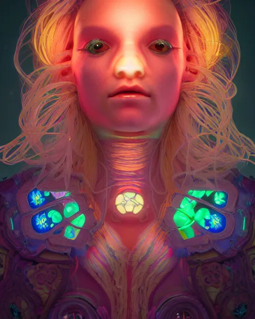 Image similar to a bioluminescent patchwork doll, highly detailed, digital painting, cinematic, hyperrealism, dark retrowave, art by stanley lau and artgerm and magali villeneuve and alphonse mucha, artstation, octane render