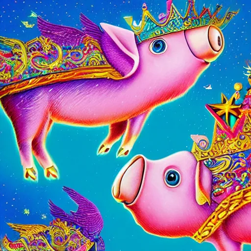 Prompt: lisa frank flying pigs wearing a gold crown painting by android jones