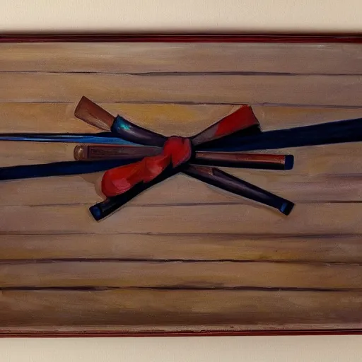 Prompt: painting of a bow on a weapons rack