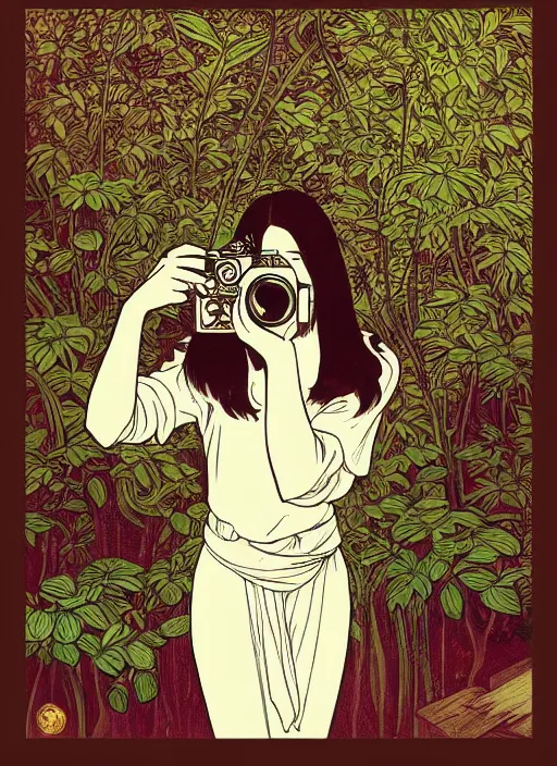 Image similar to photographer looking through a vintage camera, design on white background, beautiful details, lush foliage, gold, drawn by john singer sargent, studio ghibli, alphonso mucha, lolish, trending on artstation