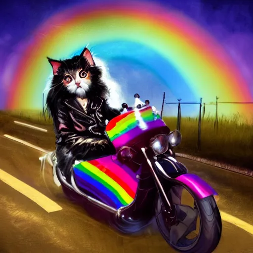 Image similar to wide angle full body, jacket wearing fluffy cute rainbow kitten wearing a black leather motorcycle jacket, riding on a motorcycle, cinematic concept art